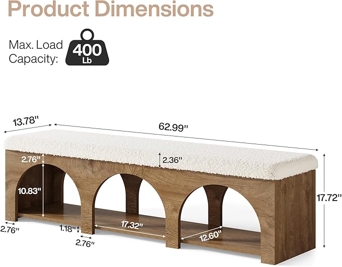 Tribesigns 63" Upholstered Entryway Bench, 2-Tier Entry Shoe Bench with Cushion and Storage Shelf, Farmhouse Padded Bench for Bedroom, Hallway, Foyer, Wood Color