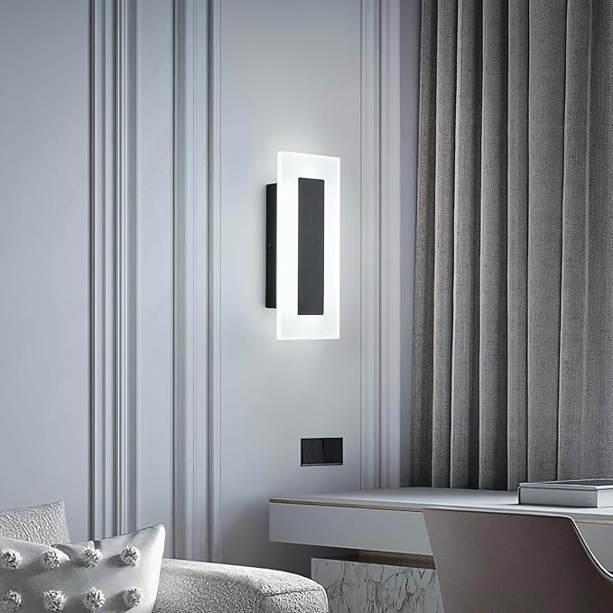 LMQNINE Modern Dimmable LED Wall Sconces Set of Two with 10%-100% Brightness Wall Light 9W 6000K Acrylic Black Wall Sconces Wall Lighting for Bedroom Living Room Hallway Staircase Corridor