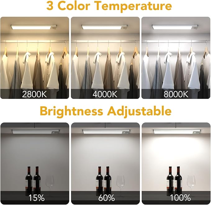 Under Cabinet Lighting, LED Motion Sensor Light Indoor with 3 Color Temps, 2500mAh USB Rechargeable Closet Light, Dimmable Wireless Under Counter Lights for Stairway, Wardrobe, Kitchen(13Inch, 2 Pack)