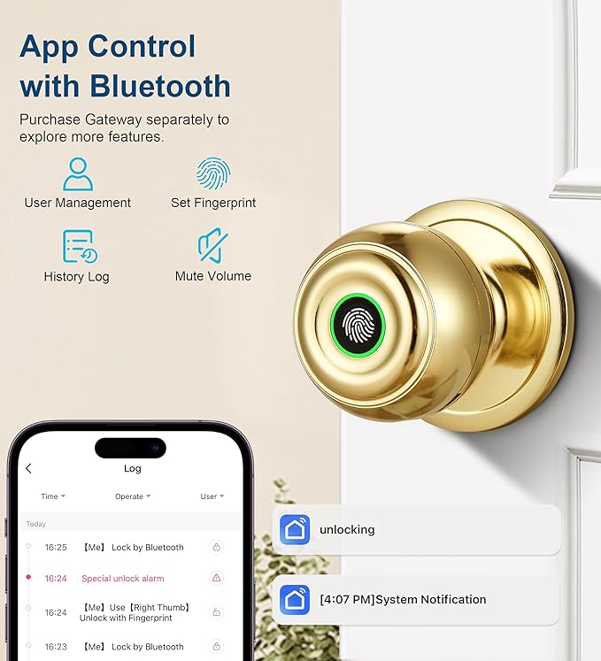 Fingerprint Door Lock, Smart Fingerprint Door Knob with Lock, Biometric Door knob with App Control & Key, Keyless Entry Door Locks for Bedrooms, Front Door, Home, Apartment Office-Polished Brass