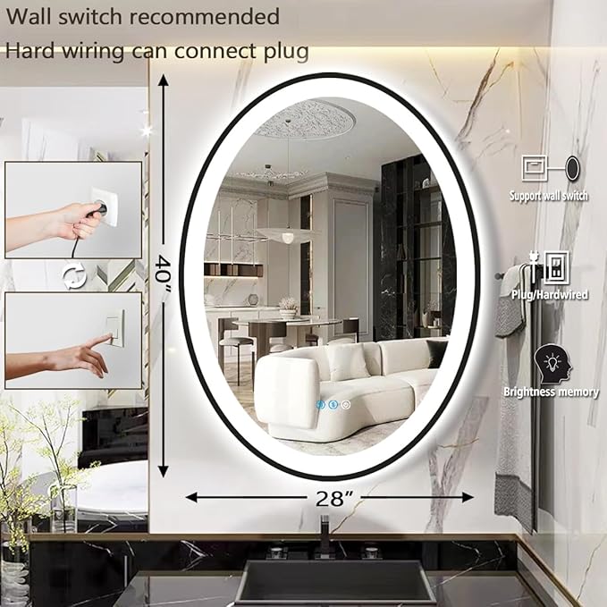 THEKLA 28 x 40 inch Black Frame Oval LED Mirror for Bathroom Salon Wall Mount 40 inch Large Black Framed Oval Lighted Vanity Mirror with Lights Smart Set Memory 3 Color Dimmable Front Light Anti-Fog