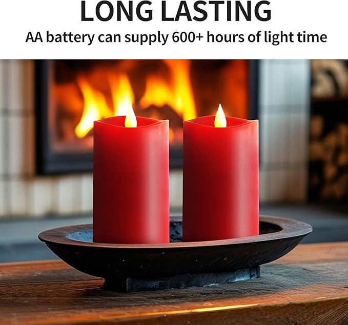 3x5 Flickering Flameless Candles Set of 2, 2AA Battery Life 600 Hours Battery Candles Flickering with Timer,5 inch Flameless Candles with Remote for Indoor/Outdoor, Red