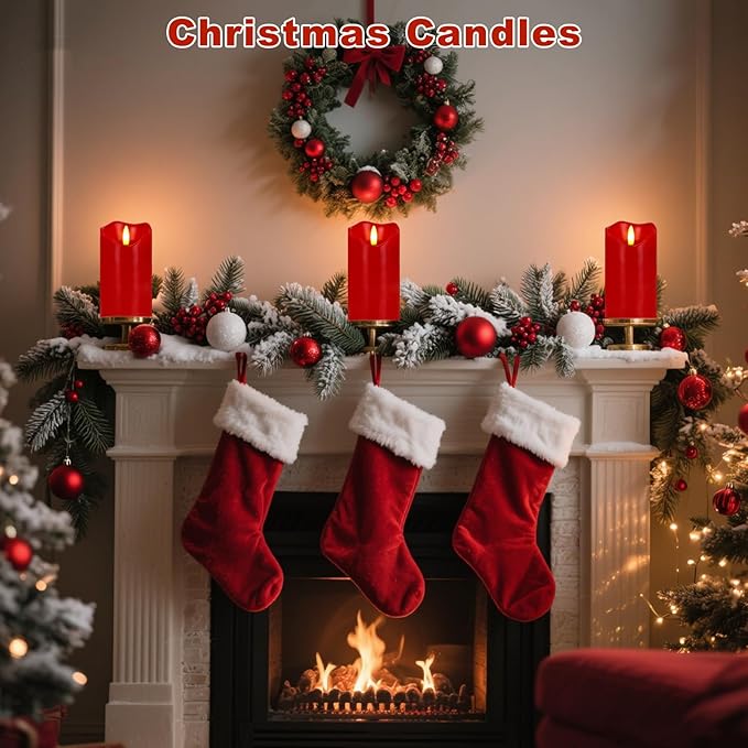 VEEKI Flameless Candles Light, Set of 2 6"x3" Flickering Christmas Flameless Candles with Remote & Timer, Dimmable Real Wax Pillar Candles Battery Operated, Red Candles for Home Xmas Decor (Red)