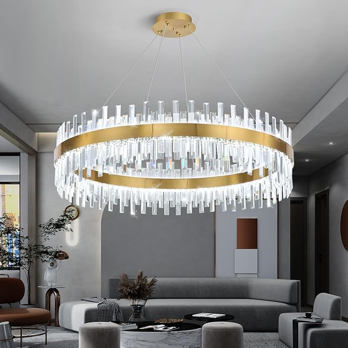 Glam Crystal Chandelier Large Ring Chandeliers with Remote Dimmable LED Light Adjustable Hanging Lights Luxury Ceiling Pendant Lighting Fixtures for Living Dining Bedroom Foyer Gold Light