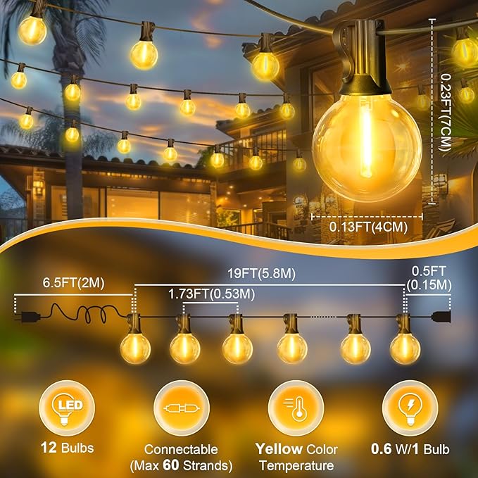 LAMPHOME LED Outdoor String Light, 26Feet Patio Lights with12+1Edison Shatterproof Bulbs(1Spare), UL Waterproof Outside Lights connectable Dimmable for Backyard Porch Decor,Yellow