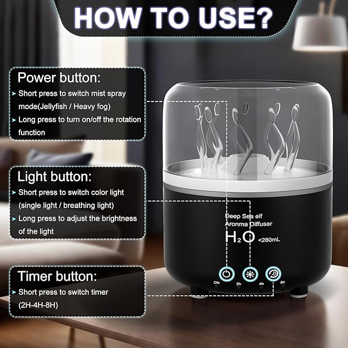 Morbou Essential Oil Diffuser with Jellyfish Spray & Sea Anemone Rotation, 280ml Ultrasonic Aromatherapy Machine,7-Color LED Night Light Quiet Mist for Bedroom, Remote Control (Black)