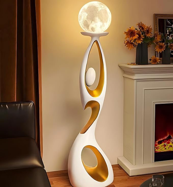 Bofea-Lunar Lamp Modern Standing Lamps for Living Rooms & Offices,Great Living Room Décor,White Gold Tall Light with 3D Printing Frosted Moon Globe Shade, Mid Century Floor Light for Bedroom Reading