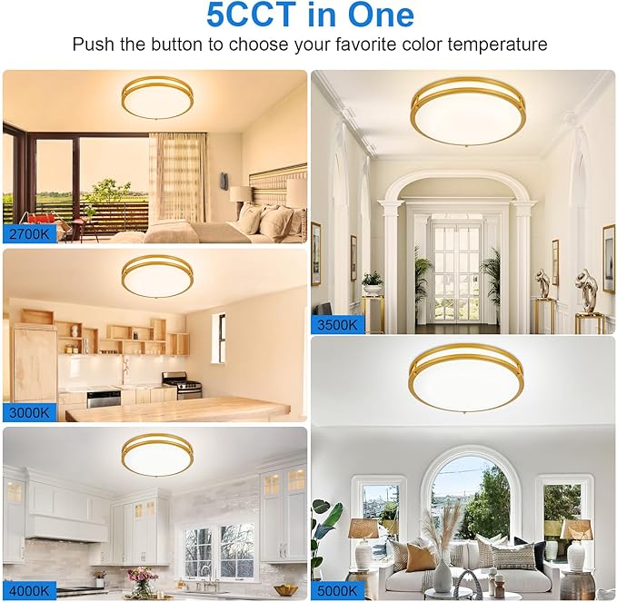 DLLT Flush Mount LED Ceiling Light: 16 Inch 5CCT (3000K-6000K) & Dimmable Ceiling Light Fixtures for Bedroom Hallway - 36W Modern Gold Super Bright Kitchen Lighting Fixtures Ceiling