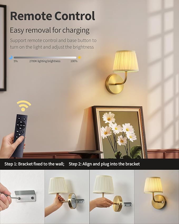 PUSU LED Cordless Gold H9.6 inch Small Wall Sconces Set of 2, Rechargeable 5200mAh Battery Operated Fabric Wall Lamp with Remote, Lighting for Living Room, Bedroom, Hallway, Bathroom, Stairs, Kitchen