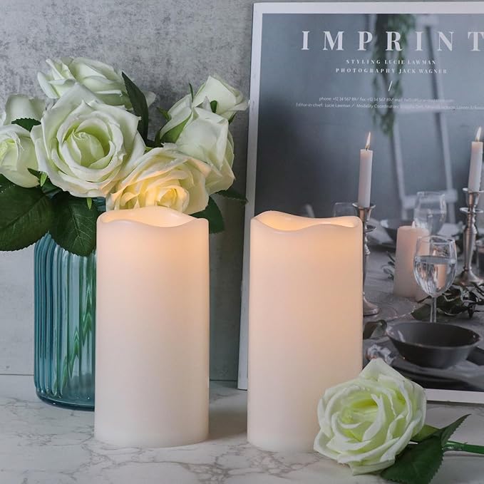 Eldnacele Waterproof Flameless Flickering Candles with 6 Hours Timer, Indoor Outdoor White LED Plastic Battery Operated Pillar Candles Pack of 2 for Wedding Festival White, D3”x H 6”