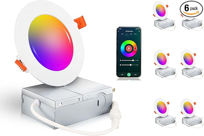 CLOUDY BAY [6 Pack] 4inch Smart WiFi LED Recessed Lights,RGBCW Color Changing Recessed Lighting,Compatible with Alexa and Google Home Assistant,10W 2700K-6500K,CRI90+ Wet Location,White Finish