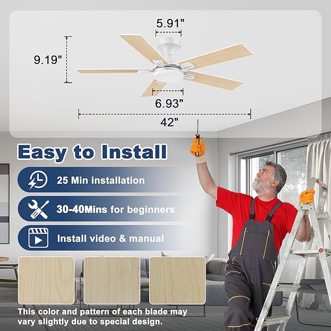 42 inch Smart Low Profile Ceiling Fan with Lights Remote,Quiet DC Motor,WIFI Control via Voice Alexa,App, Easy to Install,Flush Mount Outdoor Indoor Fans for Small Bedroom Patio Porch,White& Wood