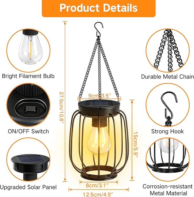 Outdoor Solar Lanterns, Waterproof Vintage Metal Hanging Lights with Warm White LED, Auto On/Off, Brighter Decorative Lanterns for Garden Patio Yard Porch, Gifts for Women Mom, 2 Pack