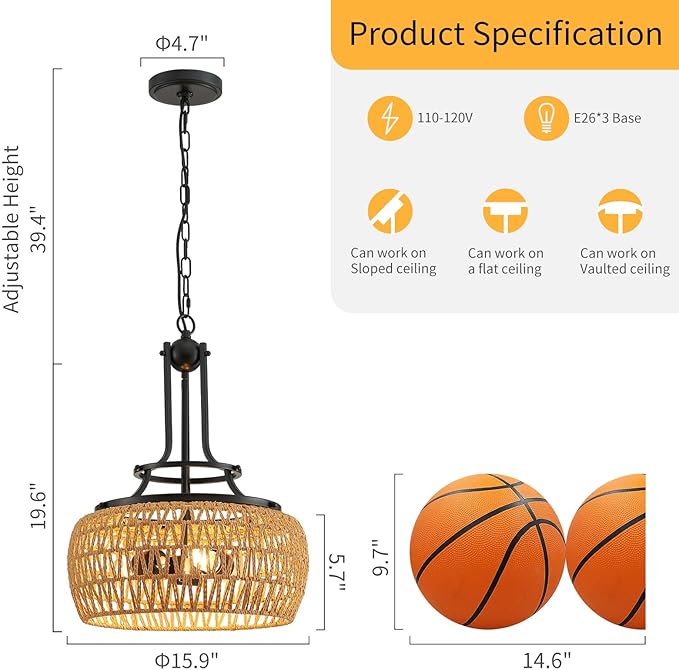 WUZUPS Rattan Boho Chandelier Rustic Farmhouse Industrial Round Coastal Hanging Pendant Light Fixture Wicker Lampshade for Dining Room Kitchen Island Foyer Entryway, H 19.6" x W 15.9", Black