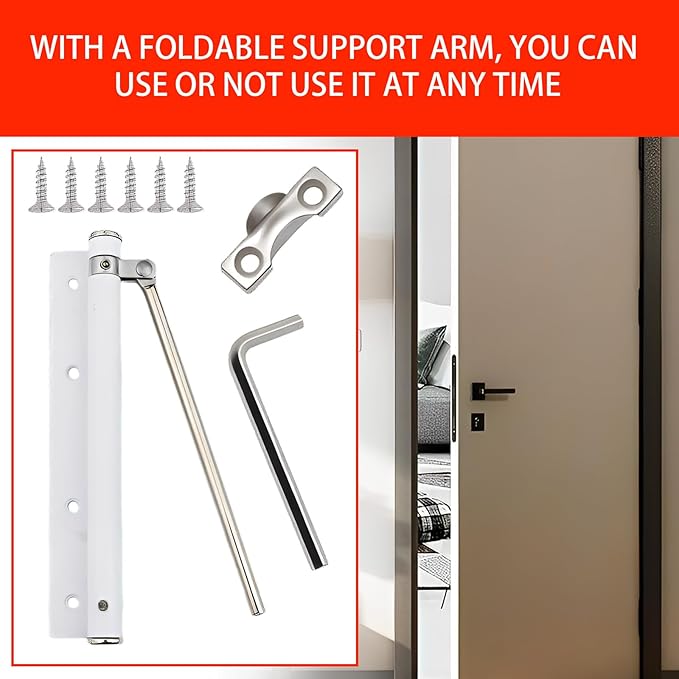 Automatic Door Closer, Adjustable Speed Self-Closing Door Latch for Home & Commercial Use, 150-Degree Opening Angle, Stainless Steel with Screws, Wrench, Force Arm