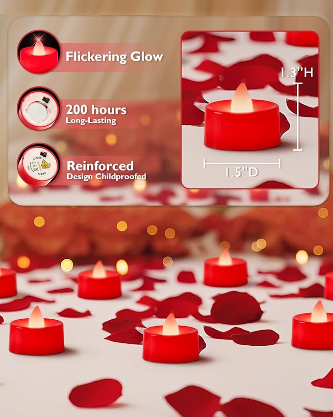 Amagic 30 Pcs Red Flickering Flameless Tea Lights Battery Operated, 200+ Hours Long Lasting Colored Candle for Halloween, Christmas, Holiday Decor, Theme Party, Wedding Table Decor, Proposal