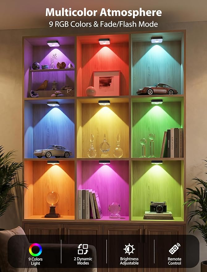 GBEAST 6 Pack Under Cabinet Lighting, Puck Lights with Remote, Motion Sensor Light Indoor, 3 Color Temps & 9 RGB Dimmable Closet Light, Rechargeable Cabinet Lights for Kitchen, Bedroom, Shelf(Black)