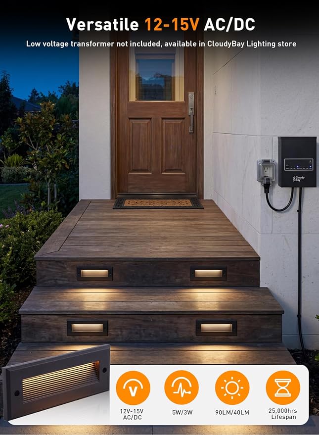 [6 Pack] Cloudy Bay 9 Inch 5CCT Low Voltage LED Outdoor Step Lights 12V-15V 3W/5W Dual-Bright Selectable Landscape Stair Lights,Exterior Deck Lights, Aluminum,Metal Black