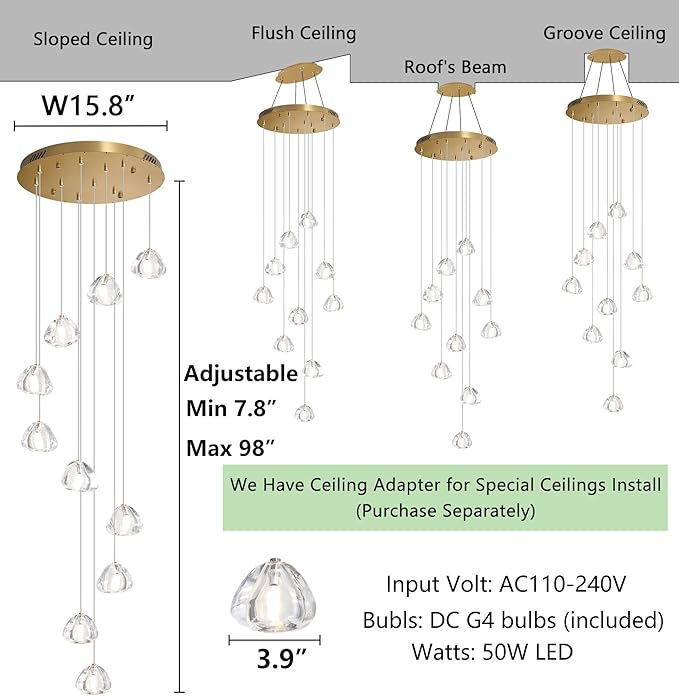 Glam Chandelier with LED Dimmable Bulbs Bubble Crystal Balls Glam Chandeliers High Ceiling Pendants Light Fixtures Adjustable Long Lights Gold Light