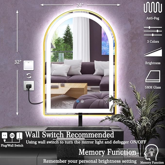 24 x 32 Inch Gold Arch LED Lighted Vanity Mirror for Bathroom Wall Makeup Desk Table Gold Arched Mirror with Lights AntiFog 3 Color Dimmable Bathroom 32in Gold Arched Smart Light up Mirror