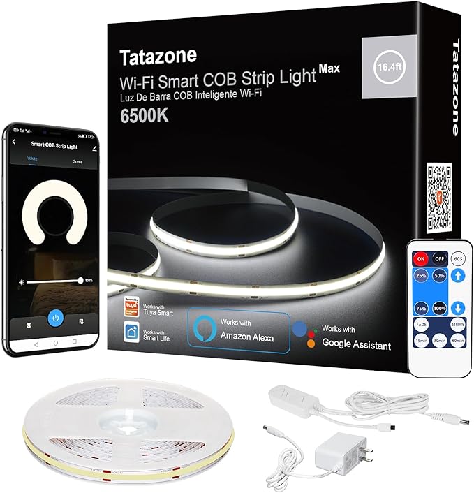 16.4ft 6500K WiFi COB Led Strip Light with App and Remote, Compatible with Alexa and Google, Dimmable Cool White Indoor COB Led Lights for Stair, Kitchen, Cabinet