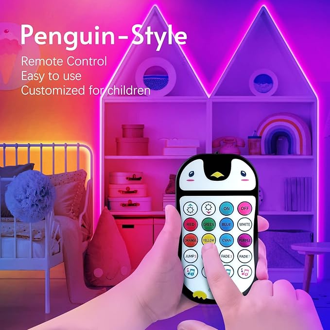 100ft Kids Bluetooth LED Strip Lights, Music Sync LED Light Strip RGB Color Changing Lighting with Penguin Style Remote, APP Control, Smart Lighting for Bedroom, TV, Room DIY (APP+Remote +Mic/50ftx2)