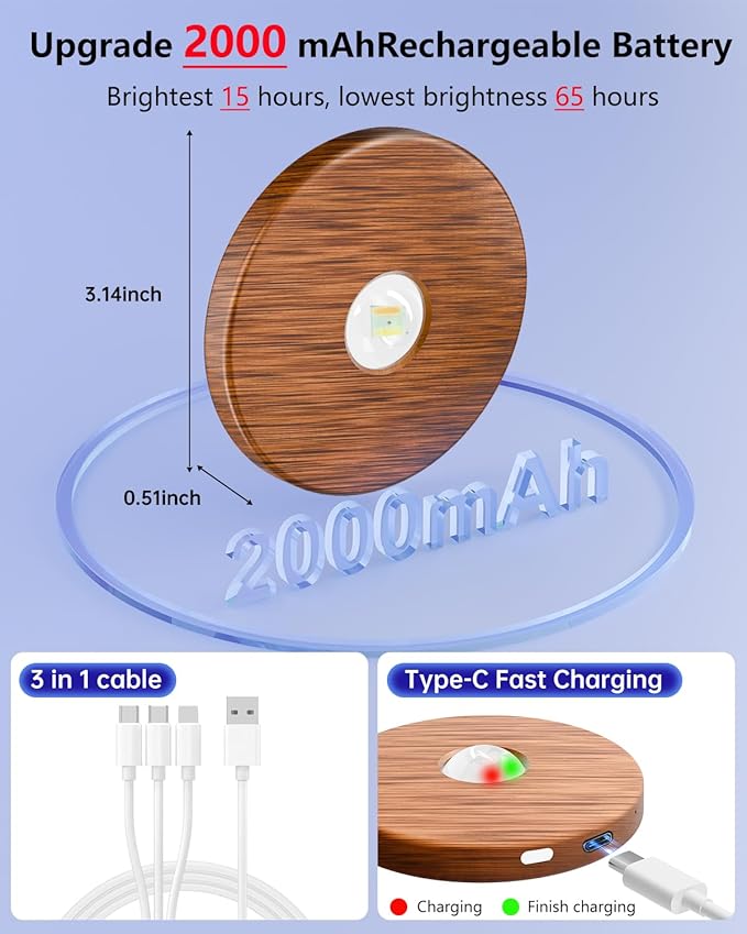Puck lights with remote, 2000mAh rechargeable cabinet light, Under Cabinet Lighting Wireless, Display Cabinet, Dimmable Magnetic Stick-On Shelf , push lights battery operated，(Wood Color, 3 Pcs)