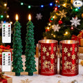 Lezonic Christmas Flameless Candles with Remote, Green Christmas Tree Flickering Battery Operated Window Candlesticks, Red Glass Xmas New Year Decorations Gifts, Set of 4 Real Wax LED Candles