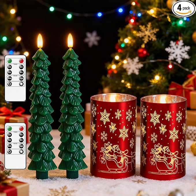 Lezonic Christmas Flameless Candles with Remote, Green Christmas Tree Flickering Battery Operated Window Candlesticks, Red Glass Xmas New Year Decorations Gifts, Set of 4 Real Wax LED Candles