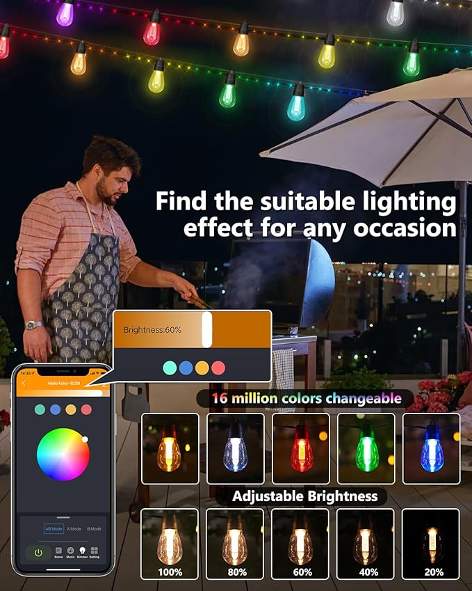 Flacchi Smart Outdoor Patio Lights - 46ft Smart S14 Christmas String Lights, Waterproof Shatterproof Bluetooth APP Remote Control Dimmable for Balcony, Backyard, Party, Holiday (RGB & Warm White)