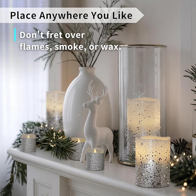 FURORA LIGHTING Silver Glitter LED Candles with Remote and Timer, 4 Pillars and 4 Votives Pack of 8, Real Wax Flameless Flickering Candles for Home Décor, Battery Included