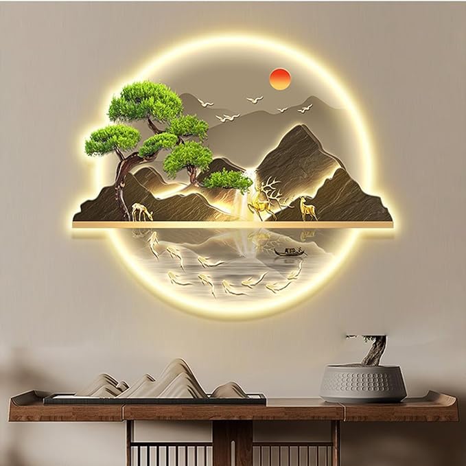 Bubinblau A,60 * 72cm, Mountain Tree Wall Art with Led Light, Zen Wall Art Decor, Luminous Wall Sculptures Painting, for Study Room, Dining Room, Living Room, Tea Room