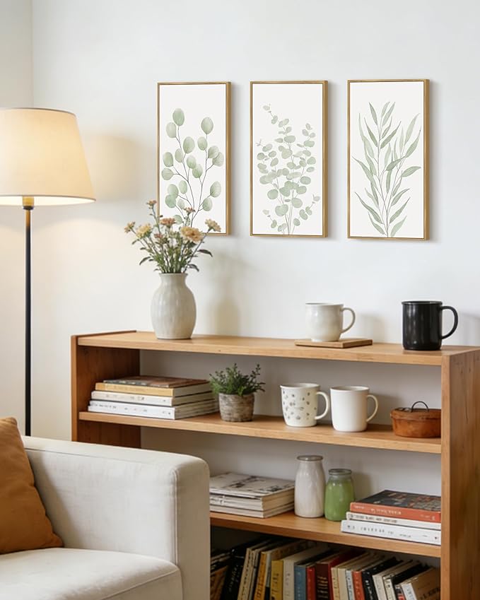 KUVIOKE Light Green Botanical Leaf Framed Wall Art Green Sage Eucalyptus Plant Illustrations Modern Artwork for Living Room Bedroom 8x16in3pcs Natural Framed