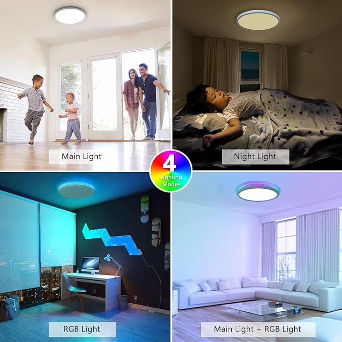 zemty 12Inch RGB Ceiling Light with Remote, 24W 2400LM 3000K-6500K Color Changeable, Dimmable LED Light Fixture Flush Mount, Round Surface Ceiling Lamp for Kids Gaming Room Bathroom
