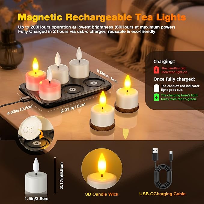 Yme Rechargeable Flameless Tea Lights Candles with Remote & Magnetic Charging Base, 6pcs Waterproof Battery Operated LED Flickering Votive Candles with Timer for Home Lantern Pool Wedding Party Decor