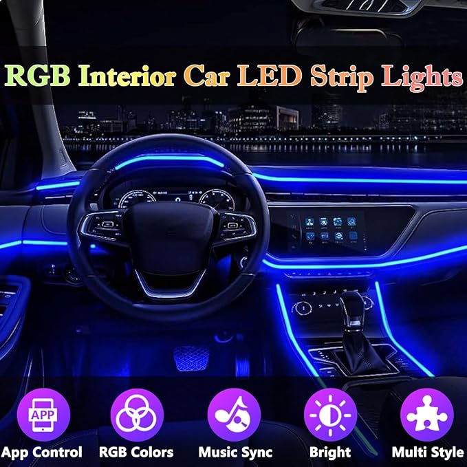 Interior Car LED Strip Lights, RGB 6 in 1 Ambient Lighting Kits with 315 inches Fiber Optic, 16 Million Colors APP Wireless Control Car Neon Lights, with Music Sync Function