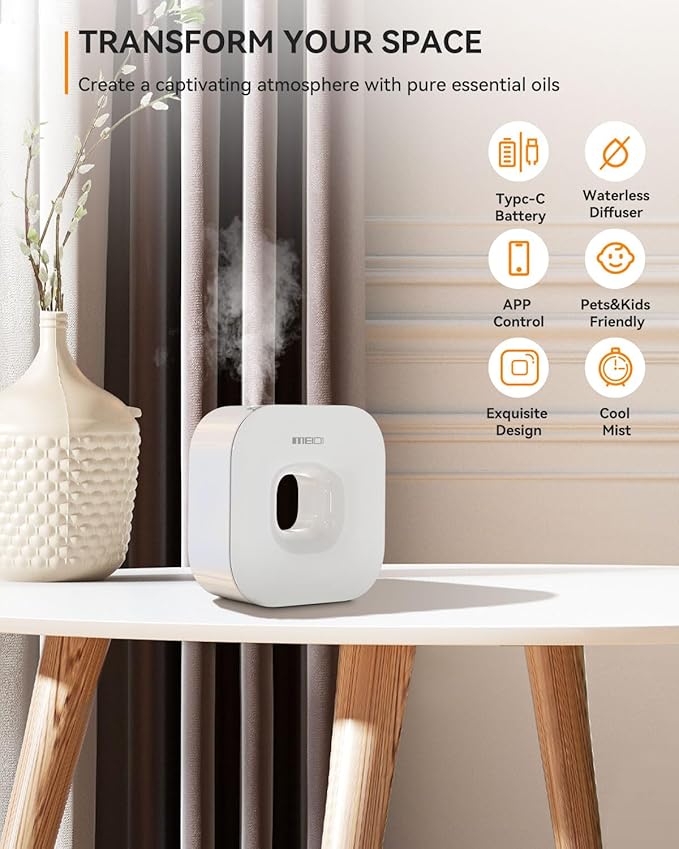 MEIDI Waterless Essential Oil Diffuser - Bluetooth Cordless Aromatherapy Diffuser with App Control