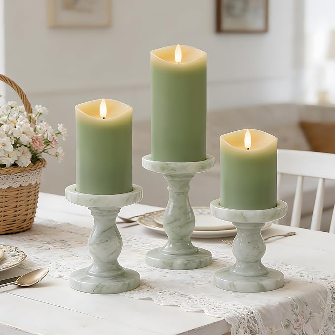 Green Flameless Candles with Remote and Timer, Real Wax Made LED Pillar Candles Battery Operated with 3D Flickering Flame Melted Edge, 3" x 4",5",6", Set of 3 (Pastel Green)