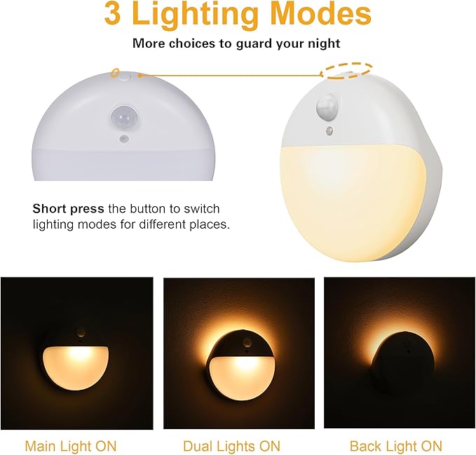 2 Pack Toliet Lights, 2.6" Small Motion Sensor Battery Night Light, Dimmable LED Nightlight, 3 Light Modes, Stick on Lights for Bathroom, Travel, Stairs, Cabinet, Bedroom, Kids, Warm Yellow