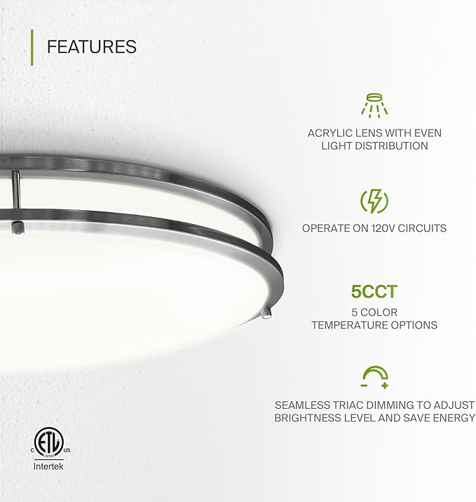 ASD LED 24" Oval Flush Mount Lighting, Close to Ceiling Light Fixture | 5CCT, Dimmable, ETL Listed | 38W 3289LM 2700-5000K 120V | Low Profile Double Ring Lamp | Nickel