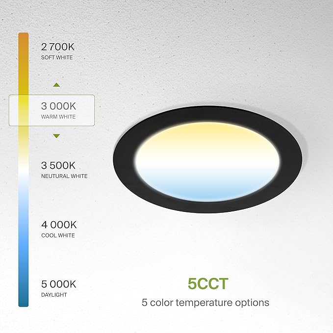ASD 6 Pack LED Recessed Lighting 6 Inch 15W, 5 CCT 2700K-5000K CRI90+, IC Rated Ultra Thin Dimmable Ceiling Lights with J Box, Canless Wafer Downlight, Round Slim Panel Light, UL Energy Star, Black