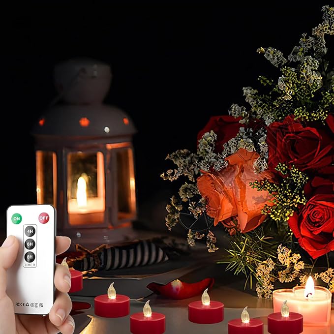 LED Tea Lights with Remote Control: Battery Operated Realistic and Bright Flickering Long Lasting 400+Hours Flameless Candles for Home Decor Holiday Wedding Party Valentine's Day(12pack, Red)