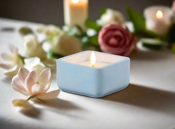 Square Flameless Candles (Blue) - LED Flickering Fake Candles - Made of Real Wax in a Cement Base - an Ideal Gift.