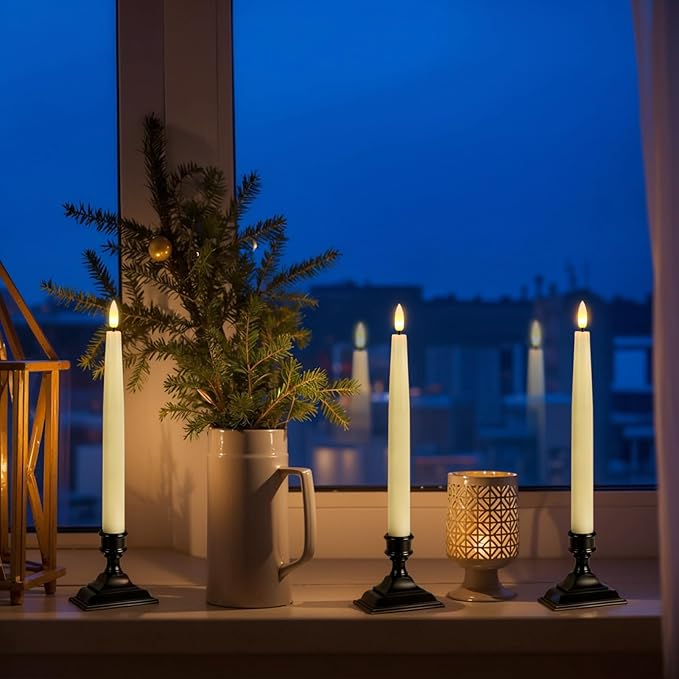 GenSwin Christmas Window Candles with Remote Timer, 3 Pcs Battery Operated Window Candles, Real Wax LED Flameless Taper Candle with Black Flameless Candlesticks for Home Decor(Ivory)