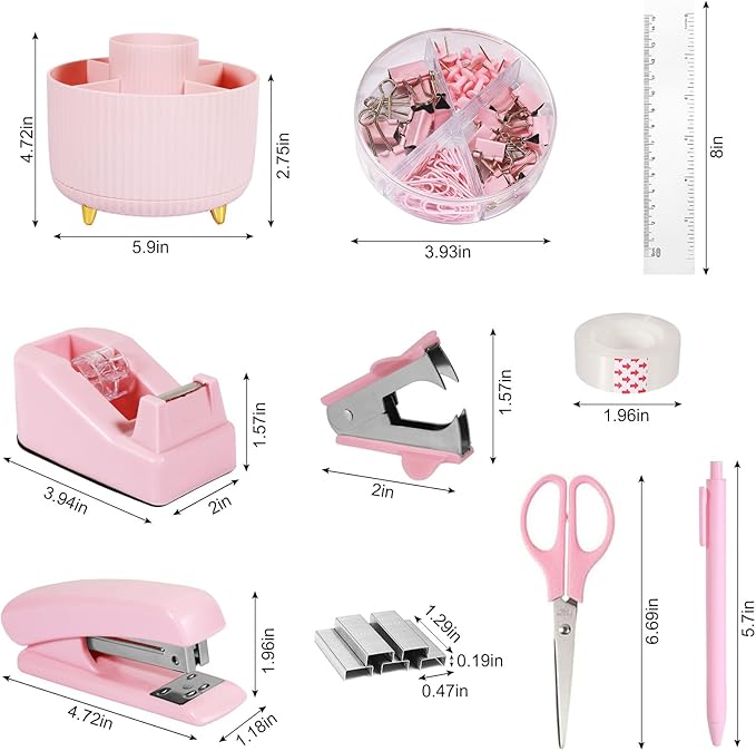 Pink Desk Organizers and Accessories Set with 360-Degree Rotating Pen Holder, Tape Dispenser, Stapler, Staple Remover, 1000 Staples, Tape, Clips Set, Ruler, Scissor, Pen