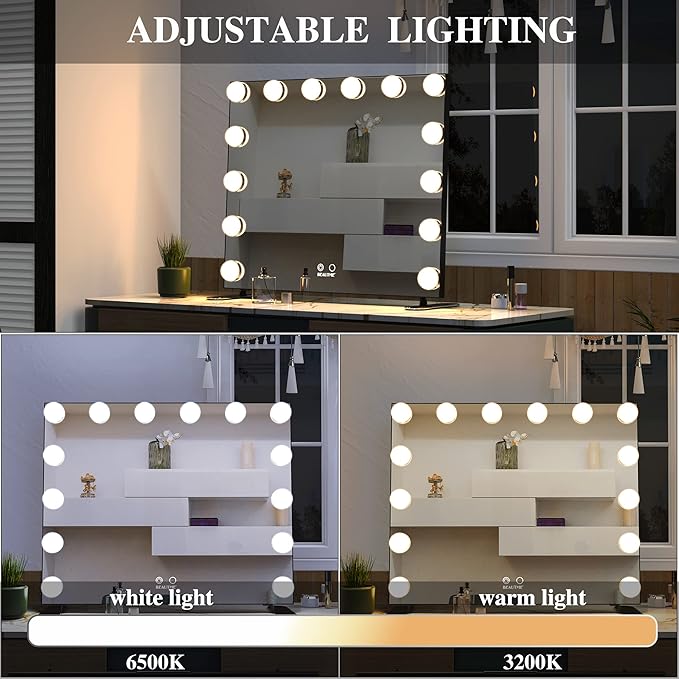 BEAUTME Vanity Mirror with Lights, Lighted Makeup Mirror with 14 Dimmer Bulbs, 2 Color Lighting Mode, Touch Control, Tabletop or Wall Mounted for Bedroom,Dressing Room,Black 23.6" X 20"