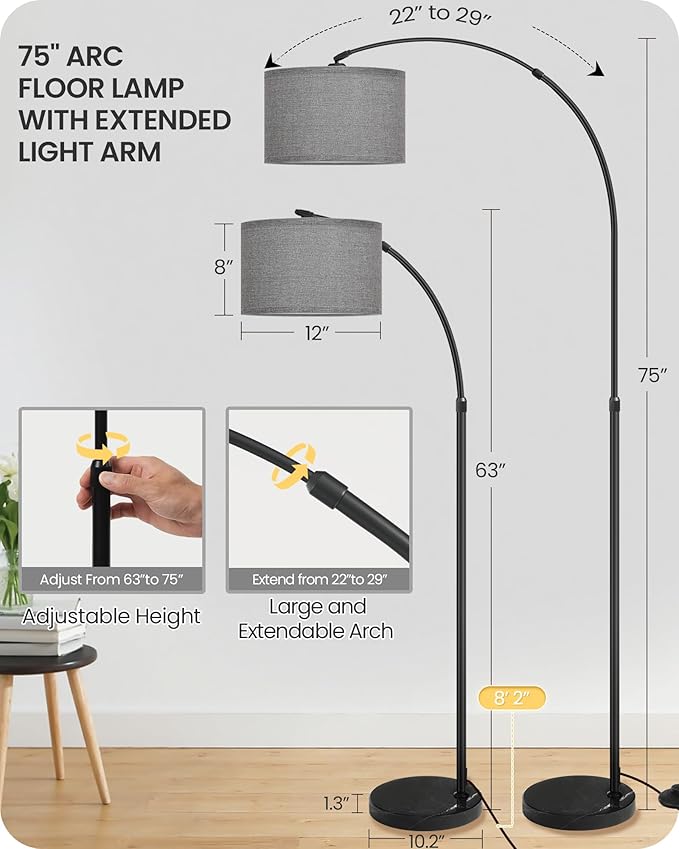 75" Arc Floor Lamp with Marble Base and Adjustable Height, Rotating Hanging Shade, Dimmable Floor Lamp for Living Room with Remote and Foot Switch, 3 Color Temperature, Gray Line Shade H15LD05N1