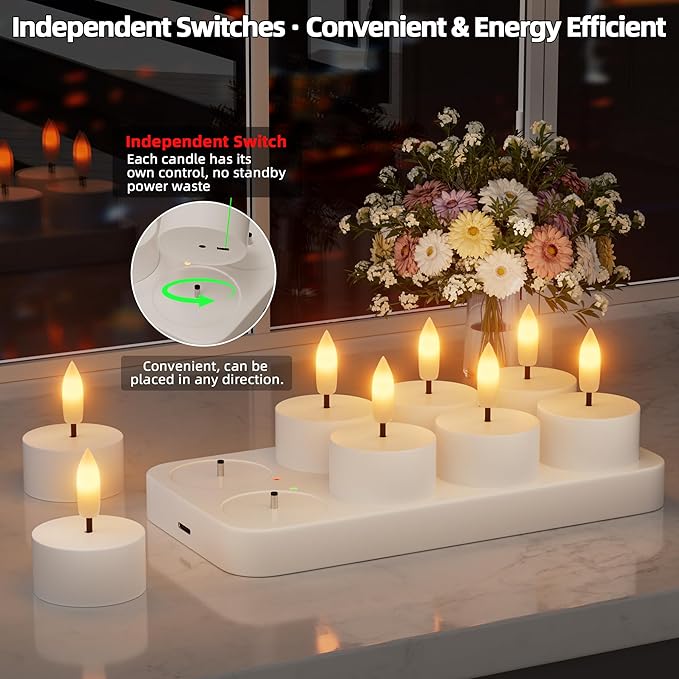 Rechargeable Flameless Tea Lights Candles with Charging Station 8Pcs Battery Tea Lights with Remote & Timer LED Tealight Flickering Realistic for Home Christmas Wedding Decor - White