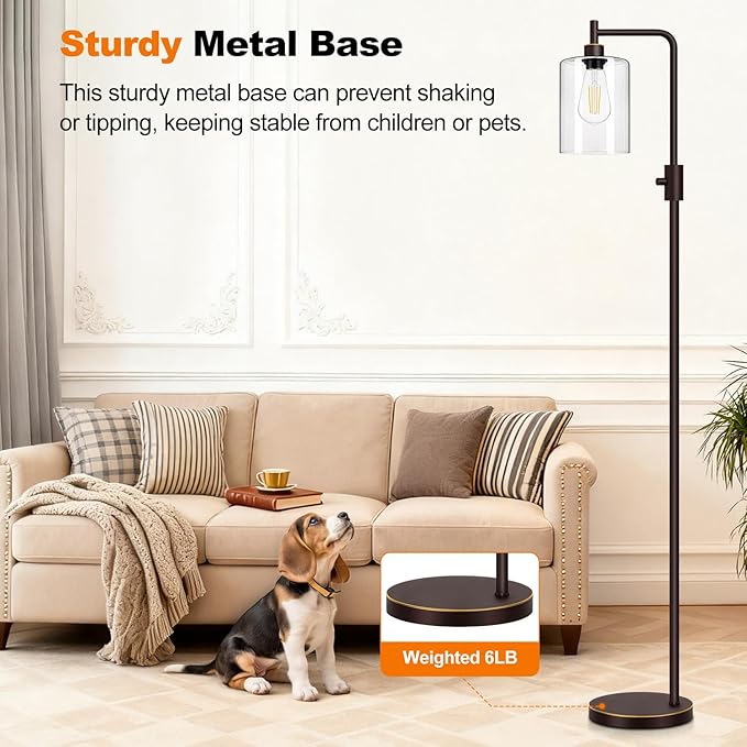 【Upgraded】Dimmable Floor Lamp for Living Room with Glass Lampshade, Brown and Gold Modern Floor Lamp with 900LM LED Bulb Included, Bright Standing Tall Lamp for Bedroom, Office, Reading Room, Corner