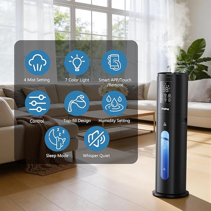 Humidifiers for Bedroom Large Room with 7L/1.85Gal Large Humidifier, Smart App & Remote Control, 4 Mist Levels Large Room Humidifiers for Home Midnight